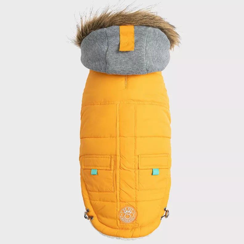 Dog parka back view: yellow quilted coat with gray fur hood and white plush hem