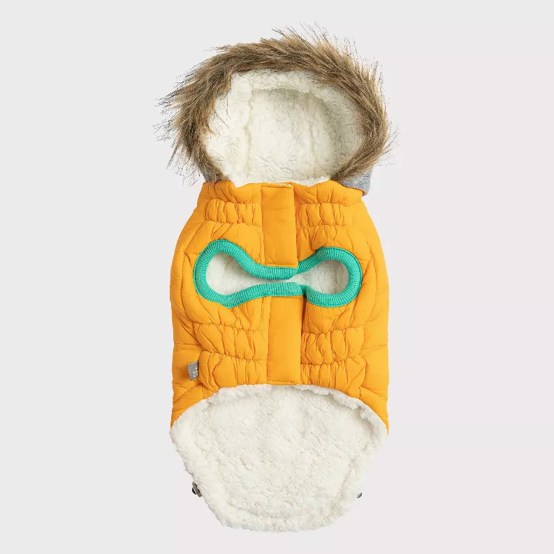 Dog parka back view: yellow quilted jacket with fluffy white lining and gray hood