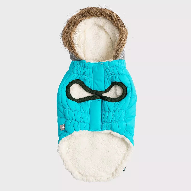 GF Pet winter sailor parka back view: teal hood with gray toggles and white sherpa lining
