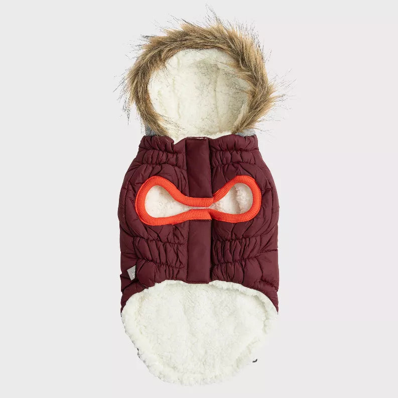 Pet winter parka, maroon puffer coat with hood and orange trim at chest