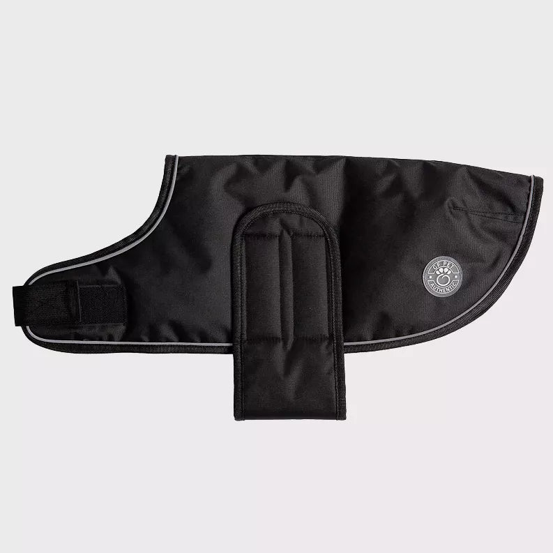 Black dog blanket jacket, front strap, central padded panel, circular chest logo patch