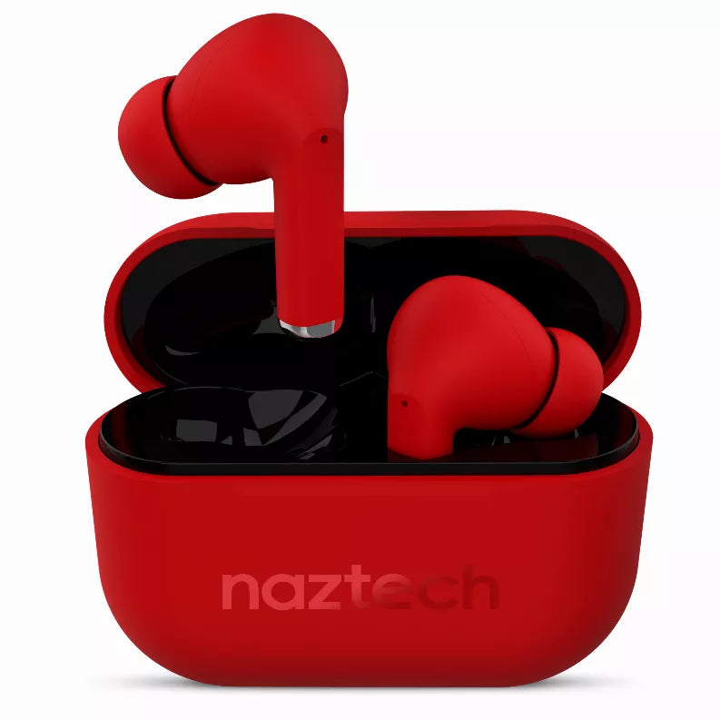 Red wireless earbuds in open charging case, with two earbud stems