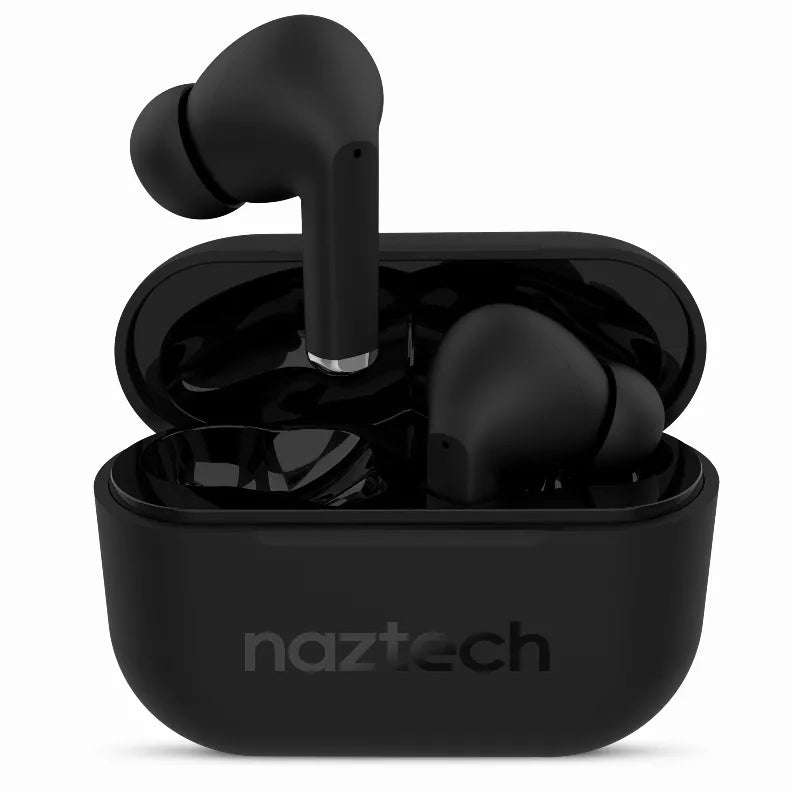 Black wireless earbuds in open charging case, earbuds resting in dark insert