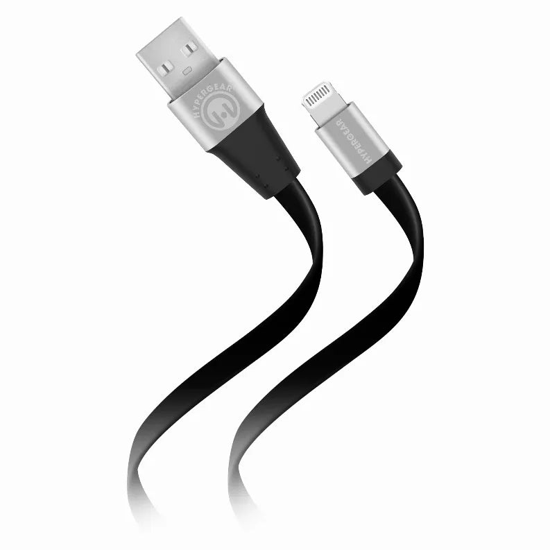 6ft flat USB to Lightning cable with USB-A and Lightning connectors, black sheath