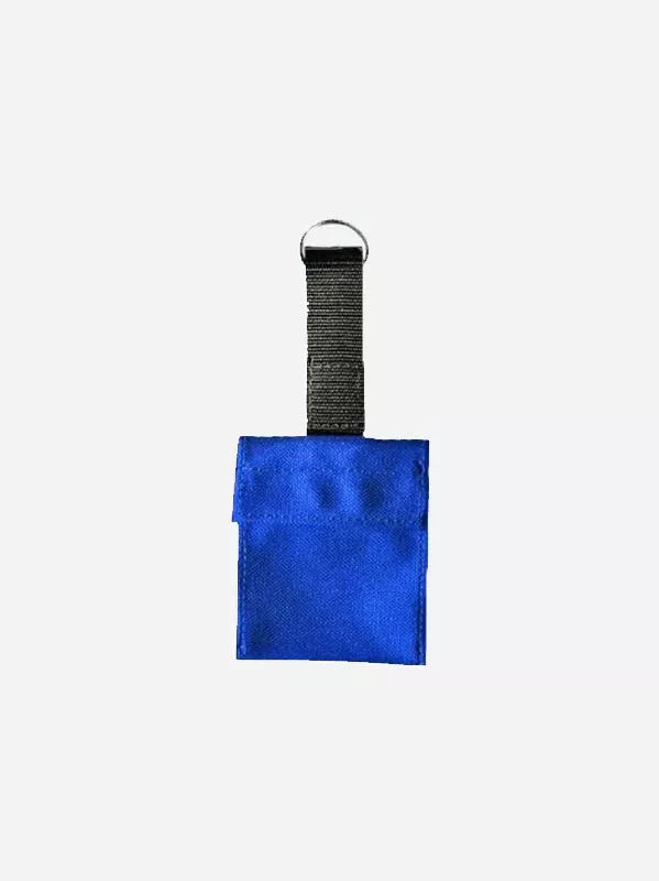 Royal blue auxiliary wallet with black strap and loop fastener