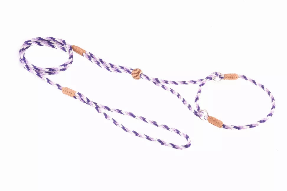 Purple braided nylon martingale dog lead with two-ring slide adjuster and leather tabs