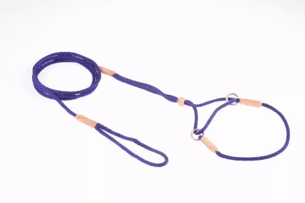 Two-tone navy nylon martingale dog lead with beige beads and metal rings