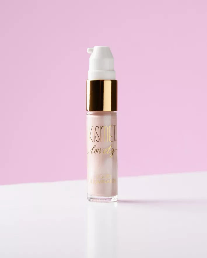 Liquid illuminator bottle with white pump and rose-pink, glossy serum