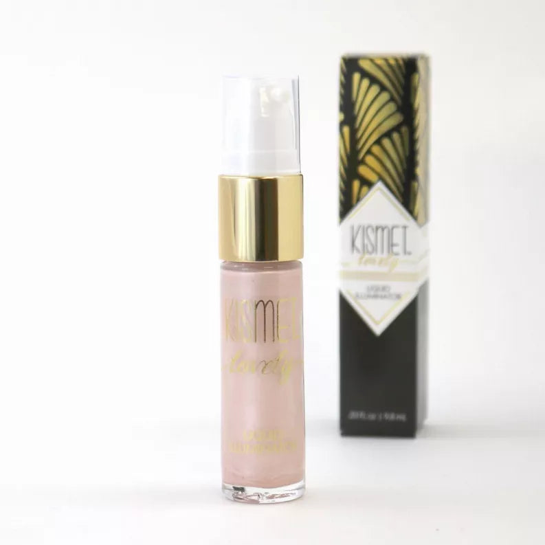 Rose-pink liquid illuminator bottle with gold cap and matching product box