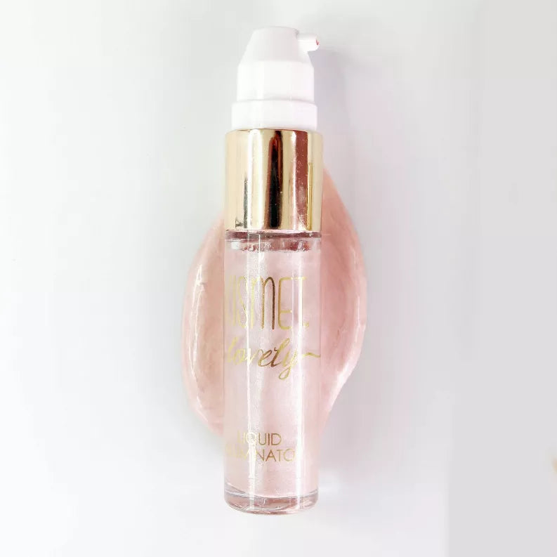 Rose-pink liquid illuminator bottle with white pump and gold collar