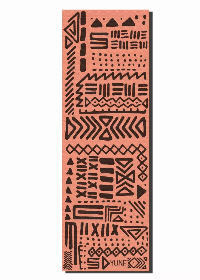 Yoga mat with terracotta and black abstract tribal pattern, flat view