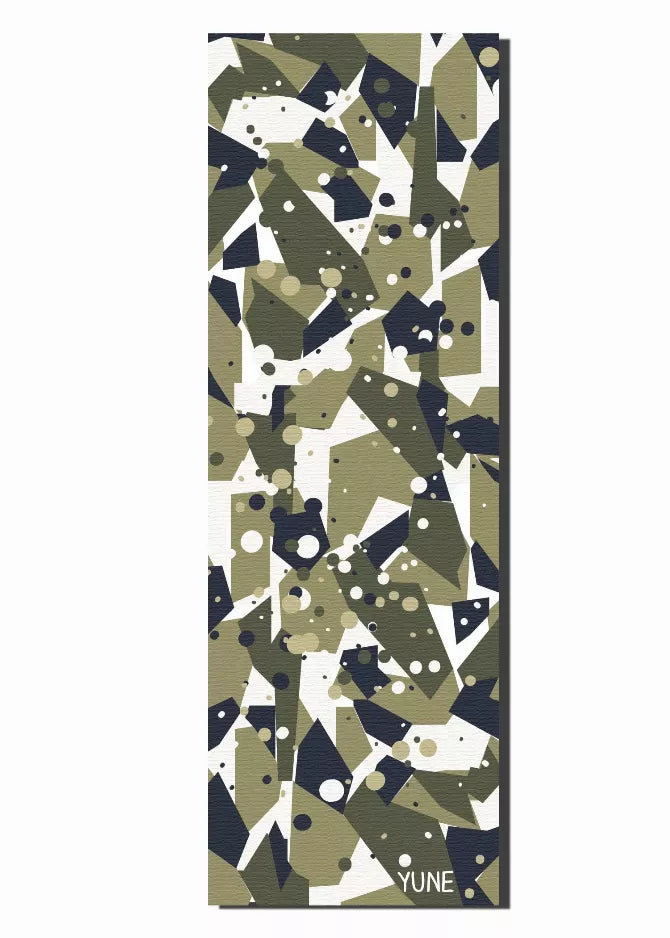 Yoga mat with granite camo pattern, olive and navy geometric shapes, 'YONE' mark