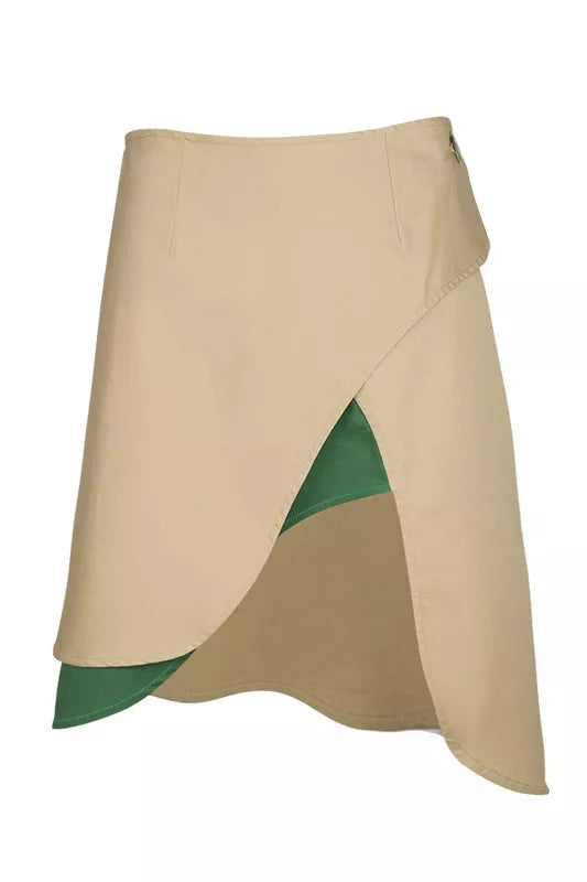 Tan skirt product shot with green contrast underpanel visible at high-front slit