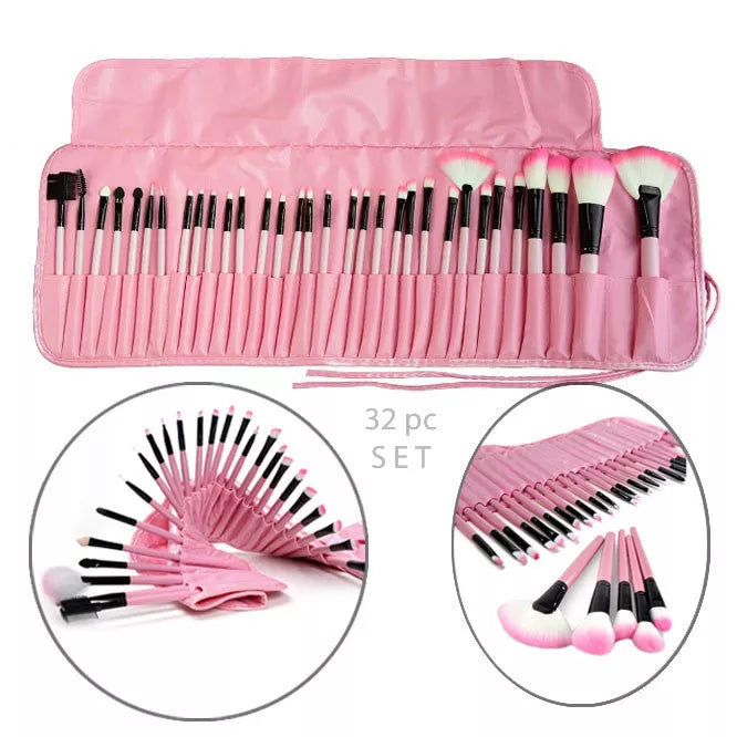 Pink fabric makeup brush set with roll case and 32 wooden-handled brushes