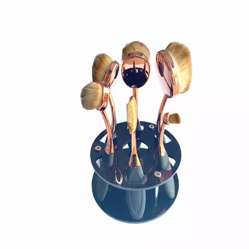 Beauty brush set with oval bristles and blue caddy organizer, 6 brushes
