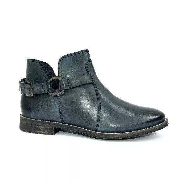Dark teal leather-look ankle bootie with buckled ring strap and low sole