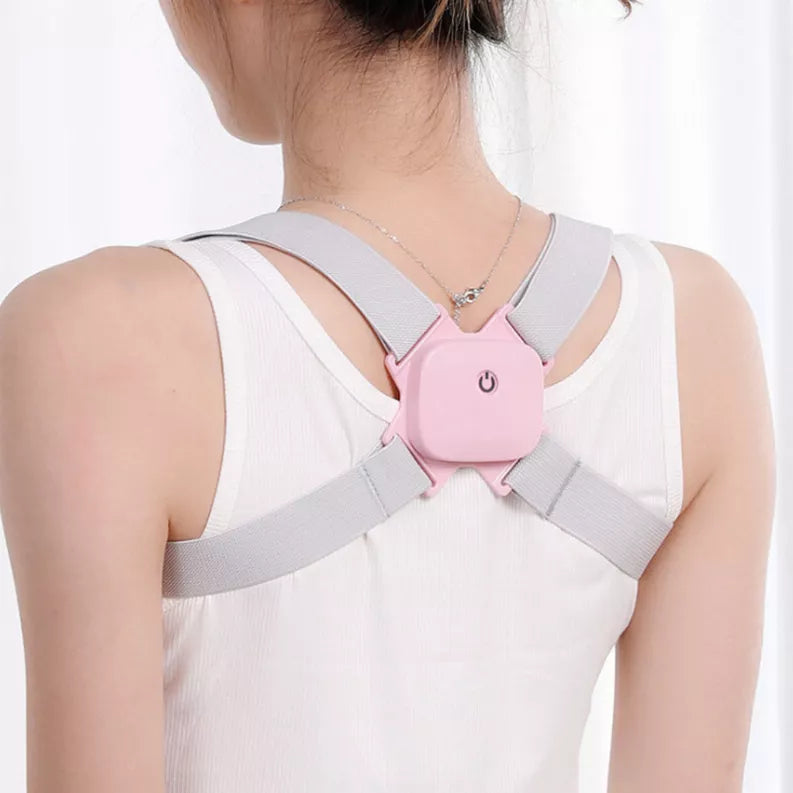 White tank-style back support belt with gray cross straps and pink control pad