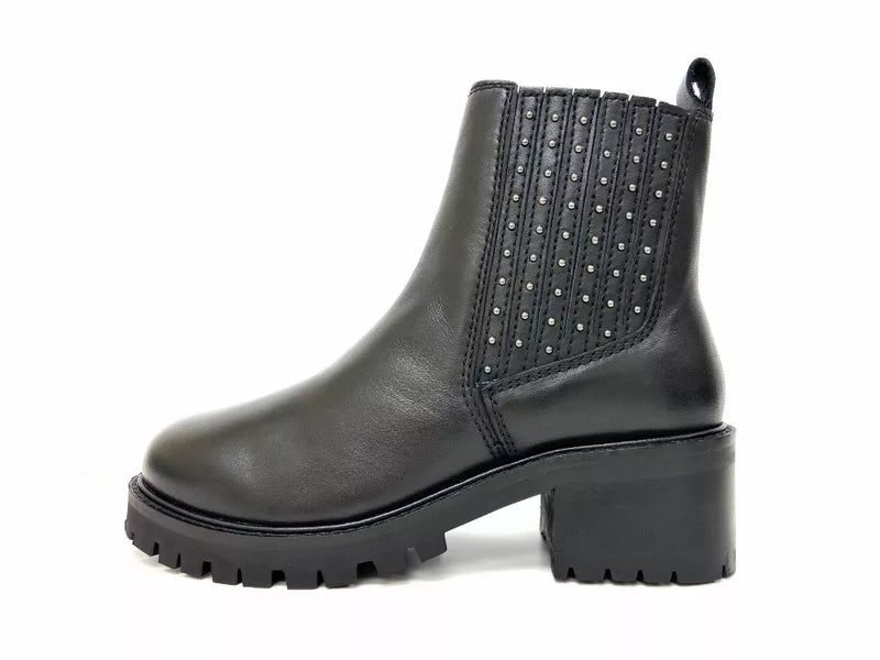 Black platform Chelsea boot with studded elastic gore and thick tread outsole