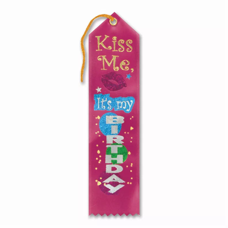Purple award ribbon with gold loop, printed 'Kiss Me, It's my' and stars