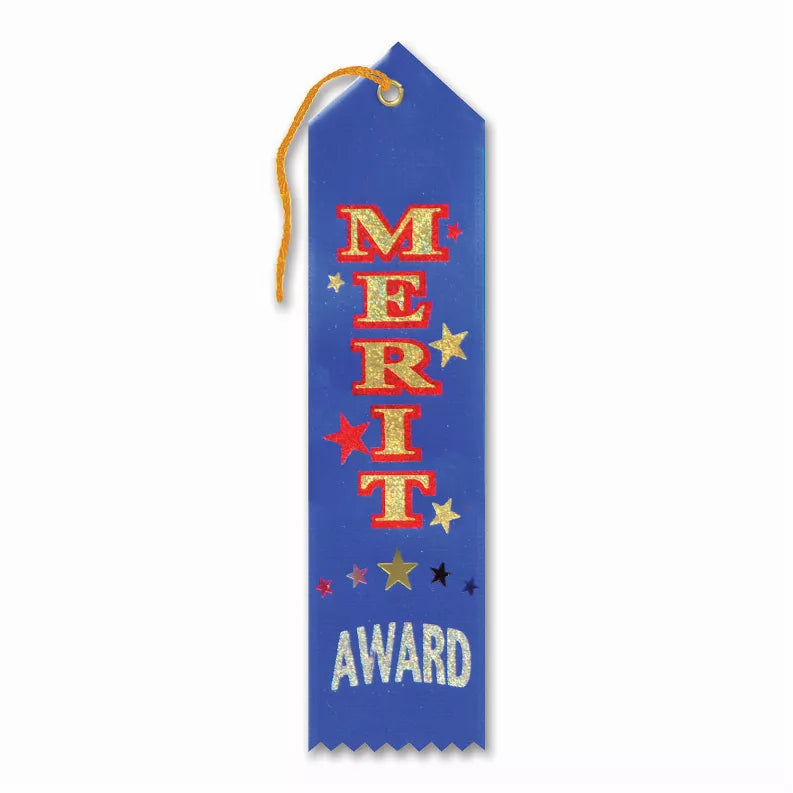 Blue award ribbon with gold “MERIT” text and star accents, with hanging cord.