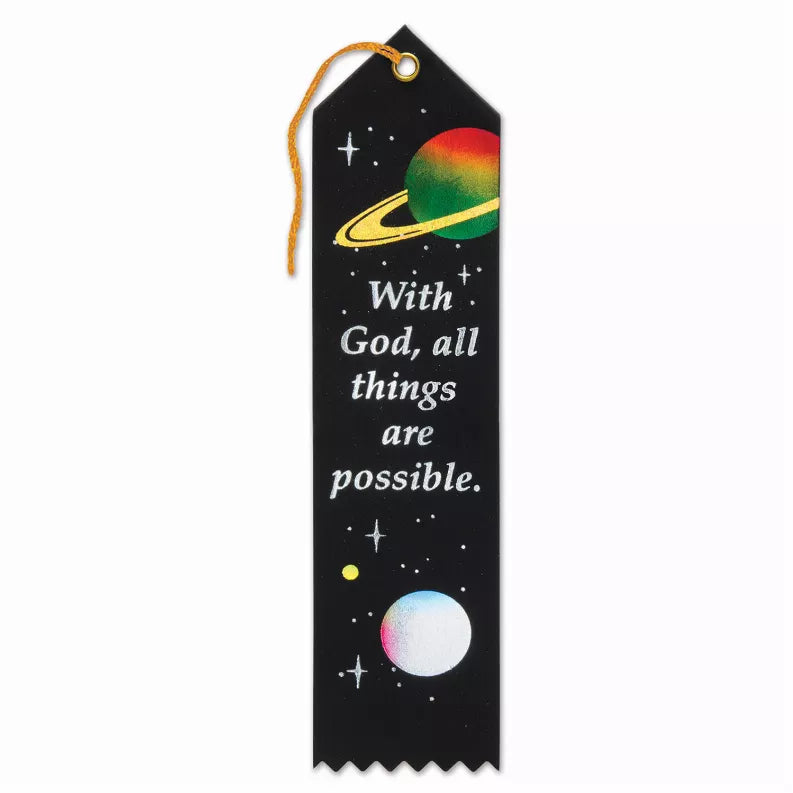 Black award ribbon bookmark style with gold eyelet, space graphic, and message strip