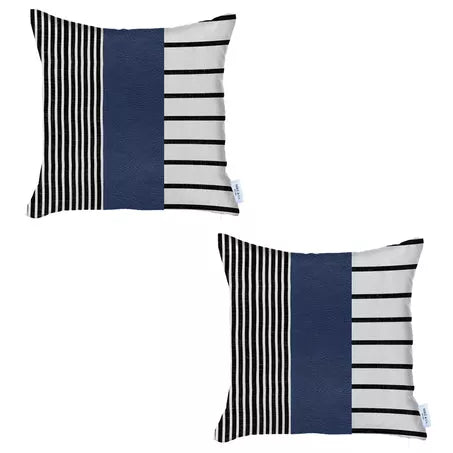 Set of 2 striped throw pillow covers: black vertical stripes, white bands, blue center panel
