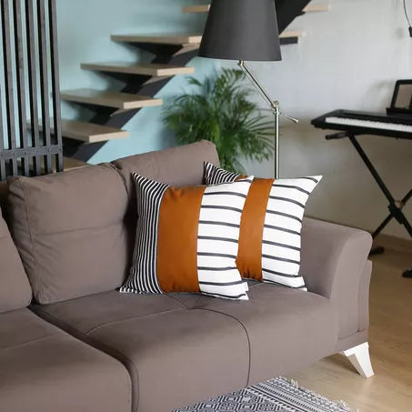 Set of 2 throw pillow covers: brown faux leather-look and black-and-white striped designs