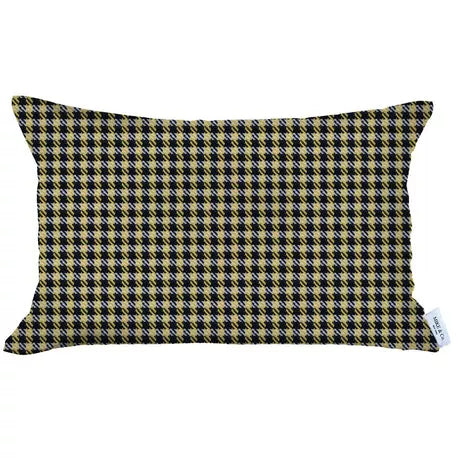 Rectangular houndstooth jacquard throw pillow, black-and-yellow grid pattern