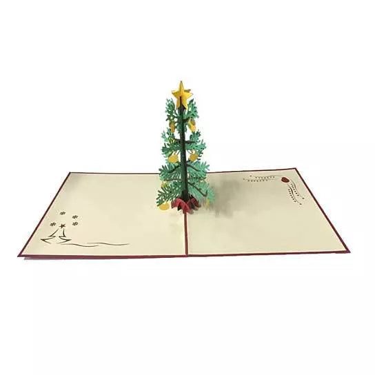 3D pop-up Christmas tree greeting card with ornaments, open inside view