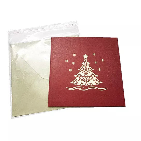 Red Christmas tree greeting card front with envelope, shown folded