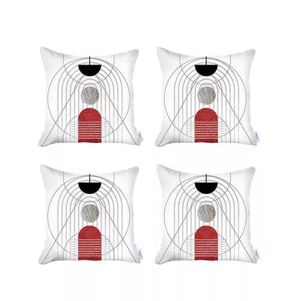 Four white pillow covers with black top arch, gray center, and red striped lower panel