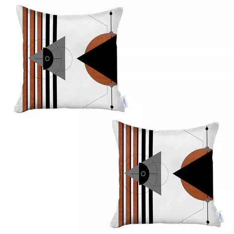 Set of 2 throw pillow covers, white with black/orange fish and vertical stripe pattern