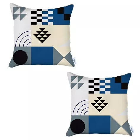 Set of 2 geometric printed throw pillow covers, cream and blue abstract shapes