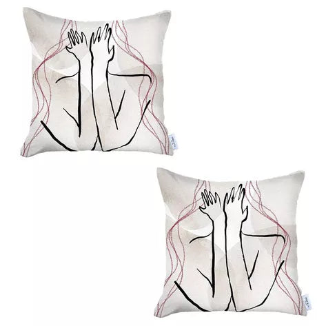 Printed throw pillow covers, white with black and red line-art faces (set of 2)