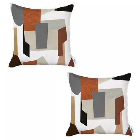 Geometric throw pillow cover, white with orange, gray, black, and brown blocks