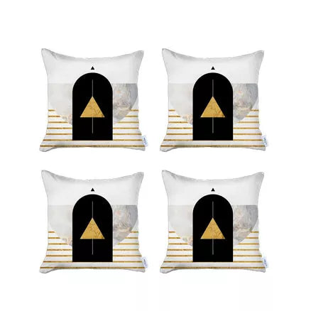 White throw pillow cover set with black arch and gold tree print, gray cloud detail