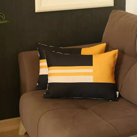 Black, yellow, and white geometric striped throw pillow cover, square design