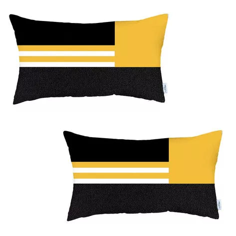 Black and yellow color-block throw pillow cover with white horizontal stripe print