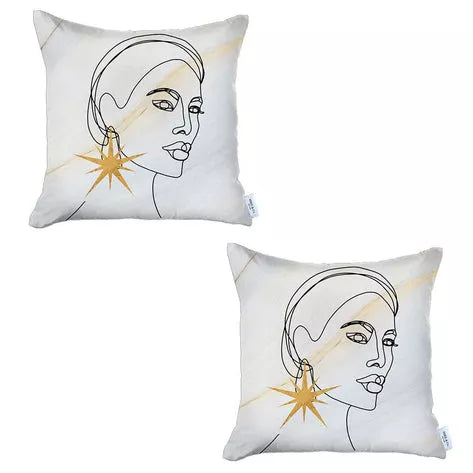 White square throw pillow cover with line-art woman face and gold starburst print