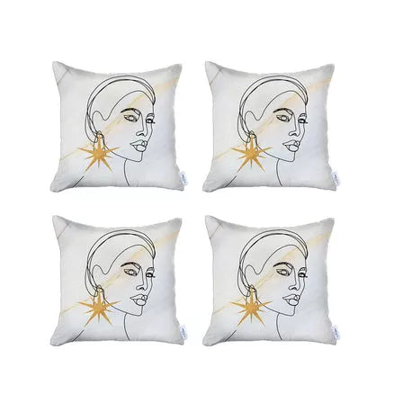 Set of four white throw pillow covers with gold star and line-art face