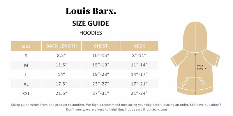 Louis Barx hoodies size guide chart with back-view measurement diagram