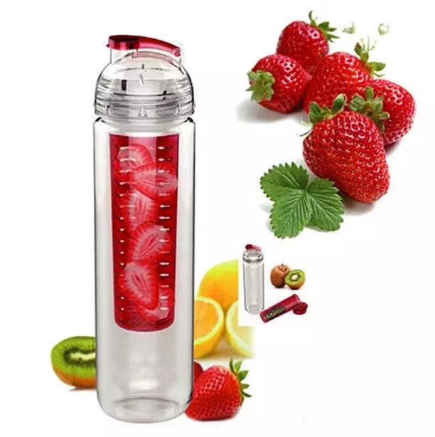 Fruit-infuser water bottle with clear body, red dome lid, red filter and volume markings