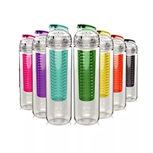 Clear fruit-infuser water bottle set with colorful dome caps and infuser sleeves
