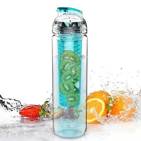 Clear bottle with teal dome infuser filled with green cucumber slices and splash.