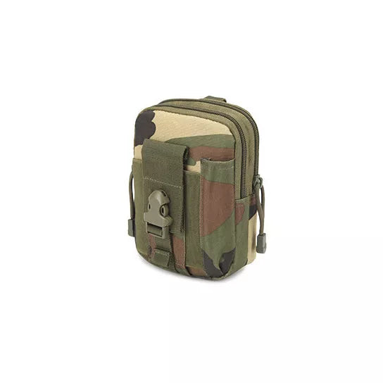 Waterproof carry-all pouch with tan digital camo, side view and MOLLE-style front strap