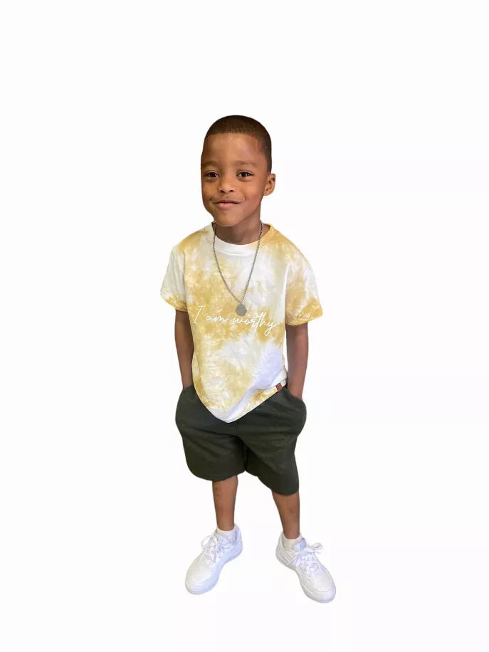 Yellow plant-dyed T-shirt featuring a white script graphic on the front, short-sleeve crewneck
