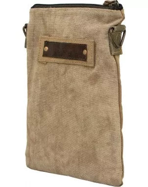 Tan recycled canvas crossbody bag with front patch pocket and adjustable shoulder strap