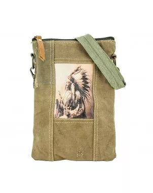 Recycled canvas crossbody bag with front Indian artwork panel and wide green shoulder strap