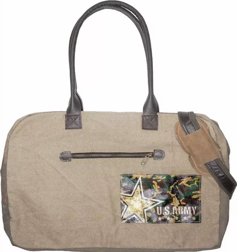 Khaki canvas travel bag with dark handles, front zip, and U.S. Army patch