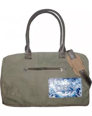 Olive canvas travel bag with dual handles, zip top, and front patch